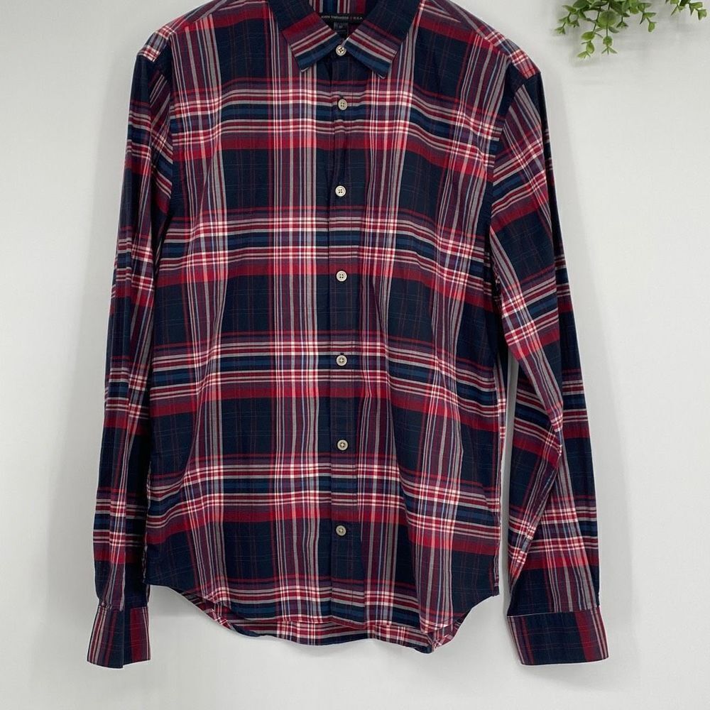 John Varvatos Men's Long-Sleeve Plaid Pattern Button-Down Shirt Cotton Black Med